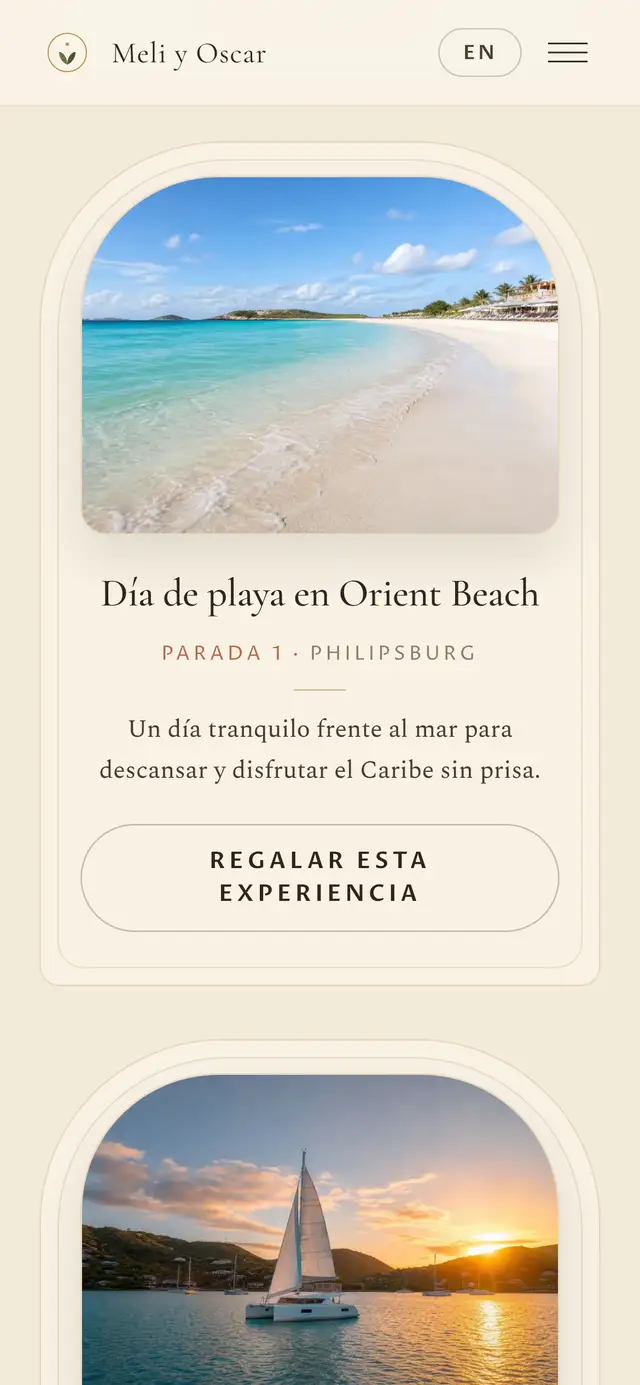 Una invitación de Weddimi mostrando las experiencias de regalo con su botón para aportar