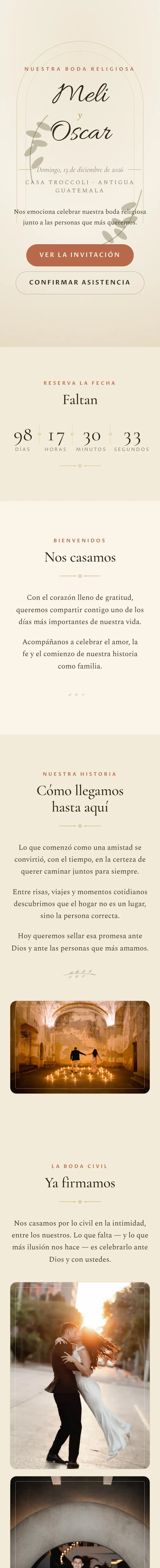 Una invitación de Weddimi desplazándose: la portada, la cuenta regresiva, el programa del día, la ubicación y los regalos