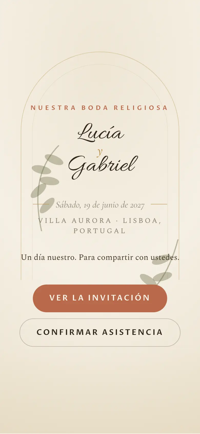 Portada del diseño Romántico colonial, con Lucía y Gabriel, una pareja ficticia.