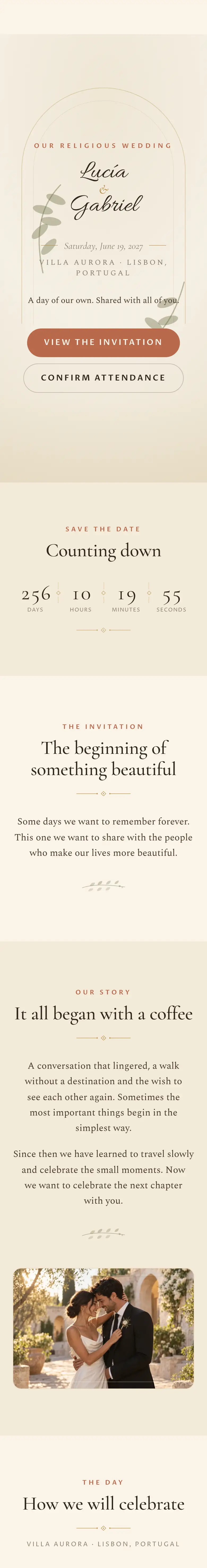 Lucía and Gabriel's invitation in English: cover, schedule, venue, gallery, gifts and RSVP.