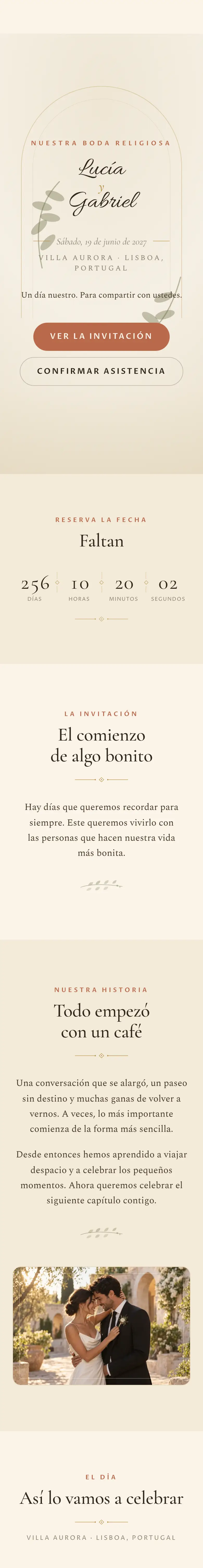 Invitación en español de Lucía y Gabriel: portada, programa, ubicación, galería, regalos y confirmación de asistencia.