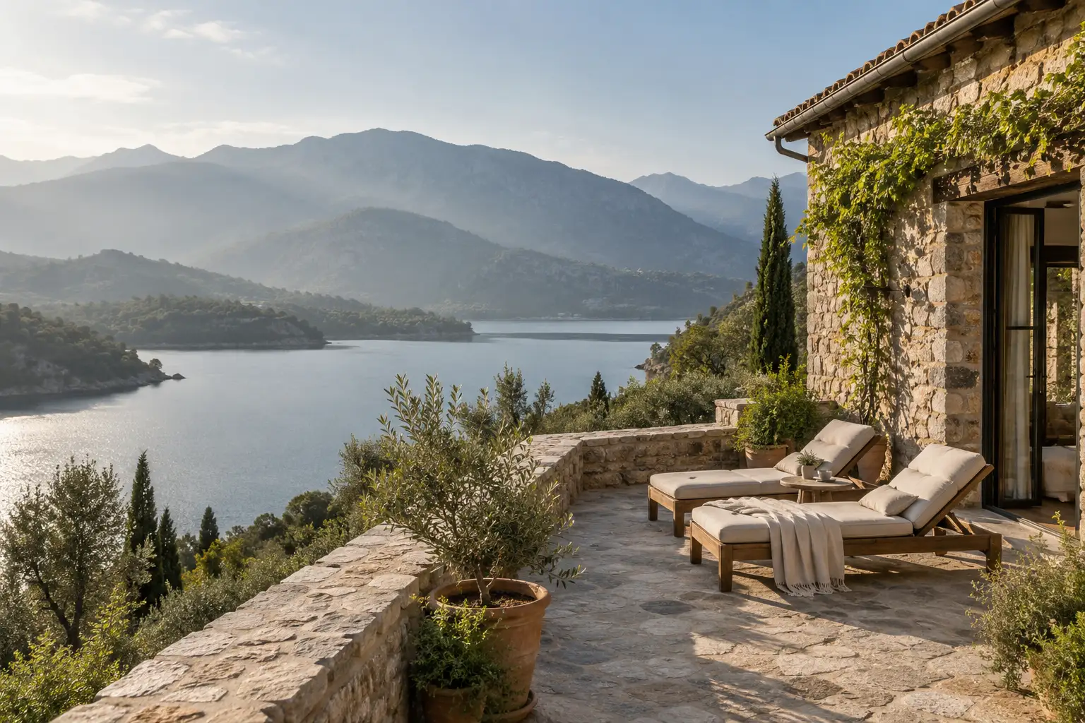 A terrace with two loungers overlooking a mountain lake.